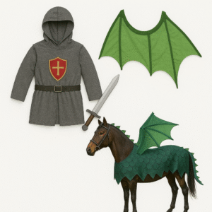 Disfraz de caballero medieval y caballo dragón